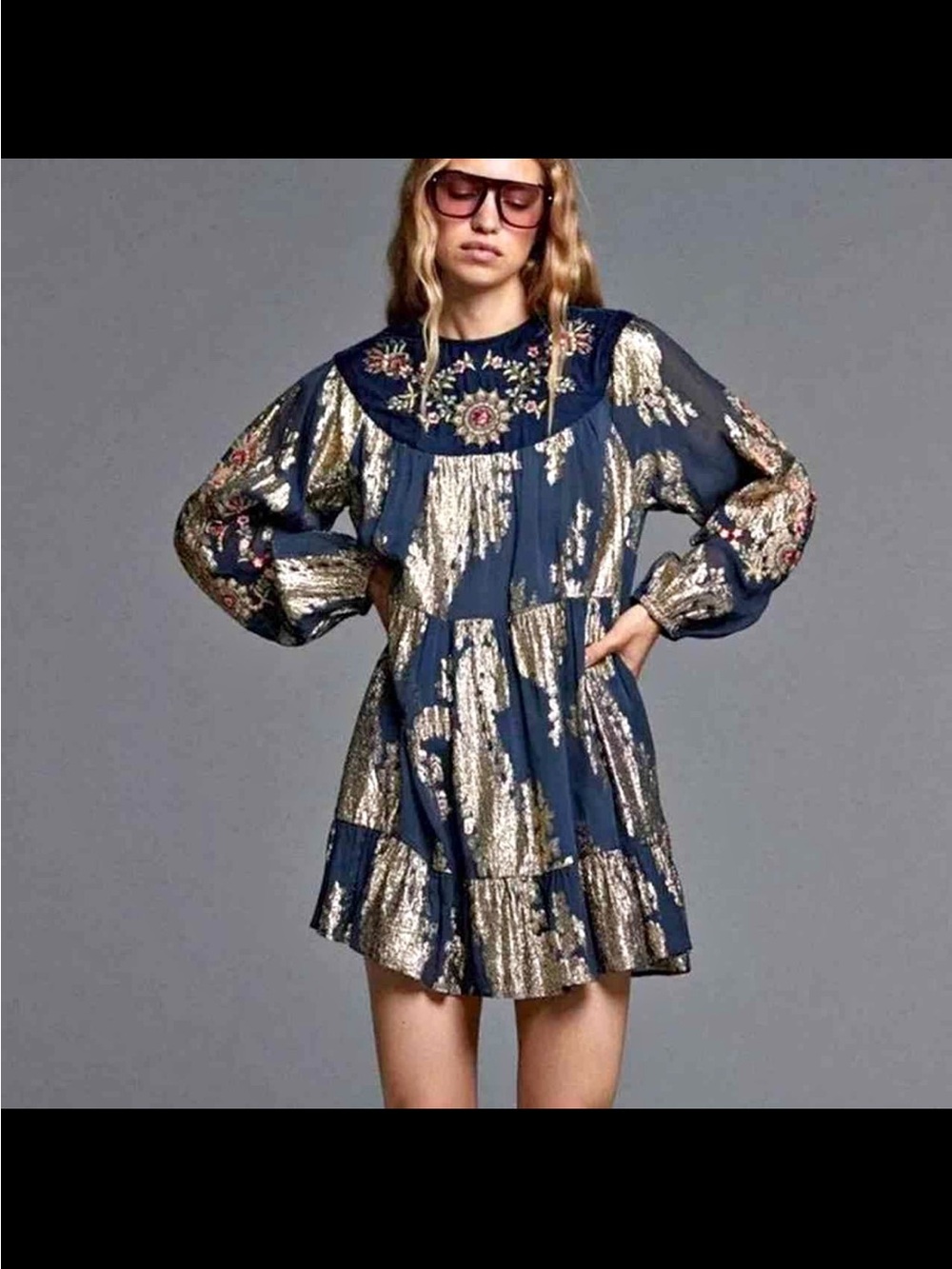 Zara Navy and Gold Embroidered Metallic Mini Dress